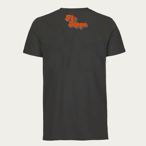 Rückseite eines anthrazitfarbenen Unisex-T-Shirts mit kleinem »Flo Mega«-Schriftzug im Nackenbereich.
