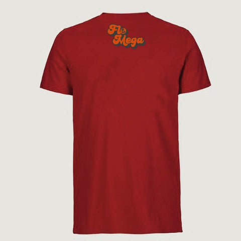 Rückseite eines roten Unisex-T-Shirts mit dezentem »Flo Mega«-Schriftzug im Nacken.
