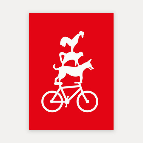 Bike it! Bremer Stadtmusikanten – weiß auf rot – Postkarte