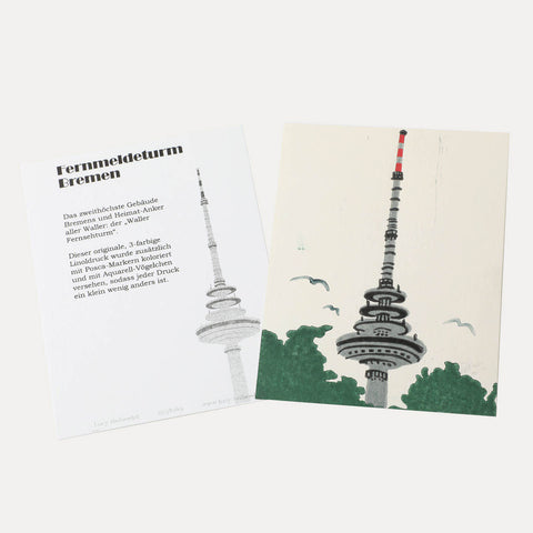 Postkarte Fernsehturm Walle – Original Linoldruck – Lucy Hollwedel
