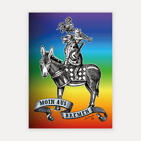 Bremer Stadtmusikanten Illustration – Regenbogen – Postkarte
