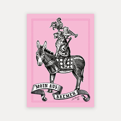 Bremer Stadtmusikanten Illustration – rosa – Postkarte