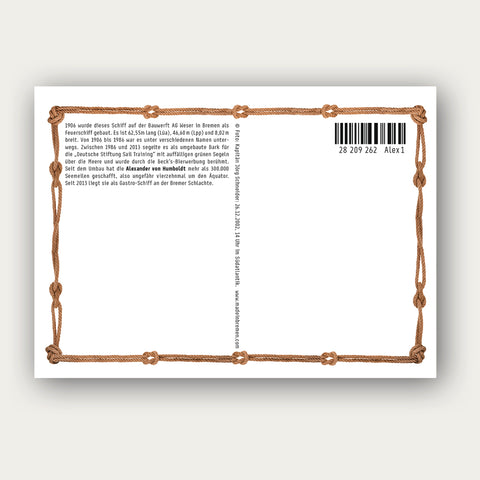 Rückseite Postkarte Alexander von Humboldt – Kurzbiografie des Bremer Segelschiffs, DIN A6