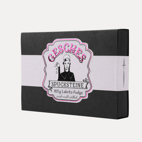 Gesches Spucksteine – Lakritz-Fudge in schwarzer Schachtel – 160 g
