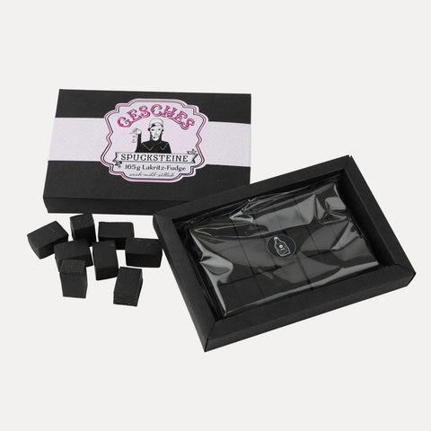 Gesches Spucksteine – Lakritz-Fudge in schwarzer Schachtel – 160 g