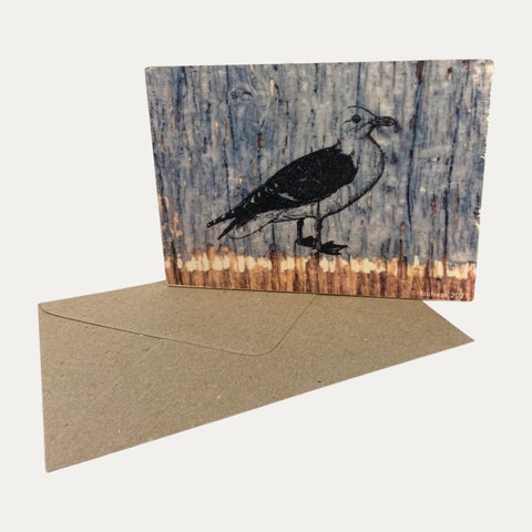 Möwe quer auf blau – Holzpostkarte