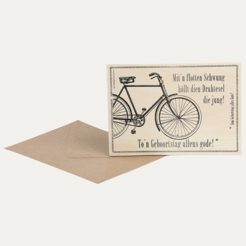 Mit´n flotten Schwung ... mit Fahrrad Motiv - Plattdeutsch – Holzpostkarte
